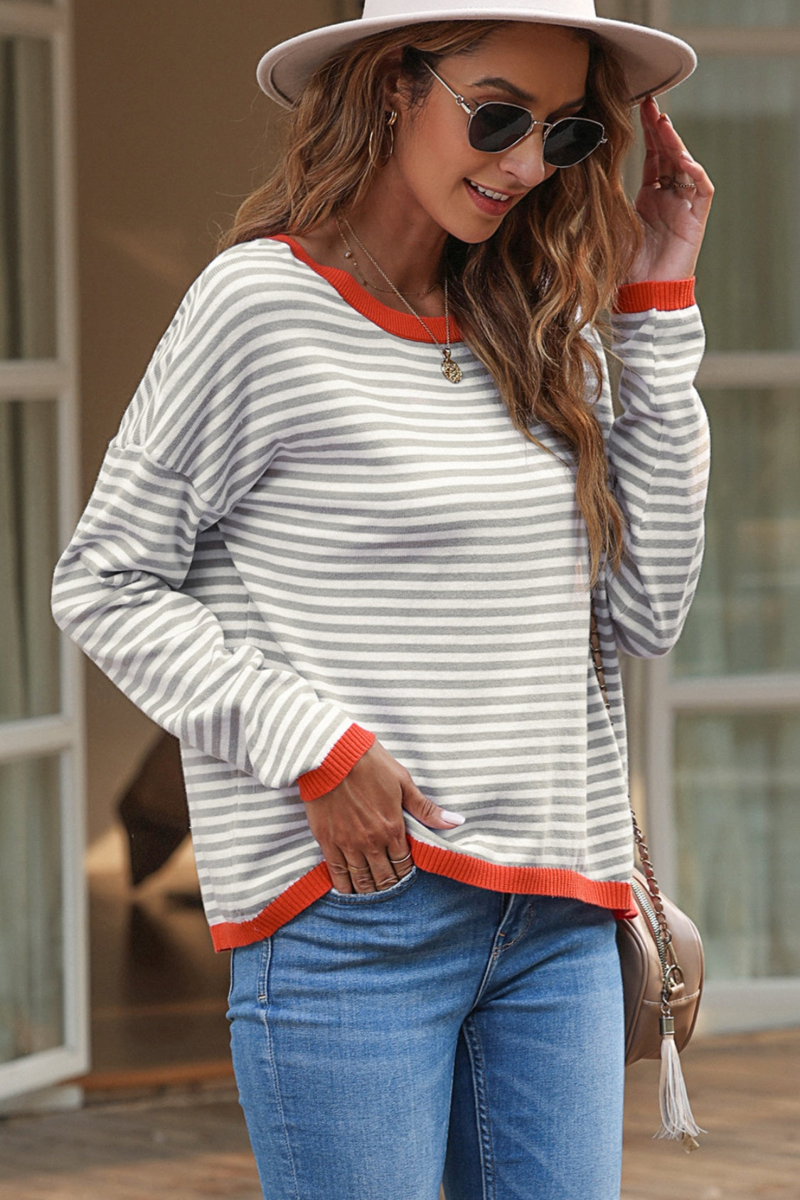 Striped Round Neck Drop Shoulder T-Shirt - ClassiQ