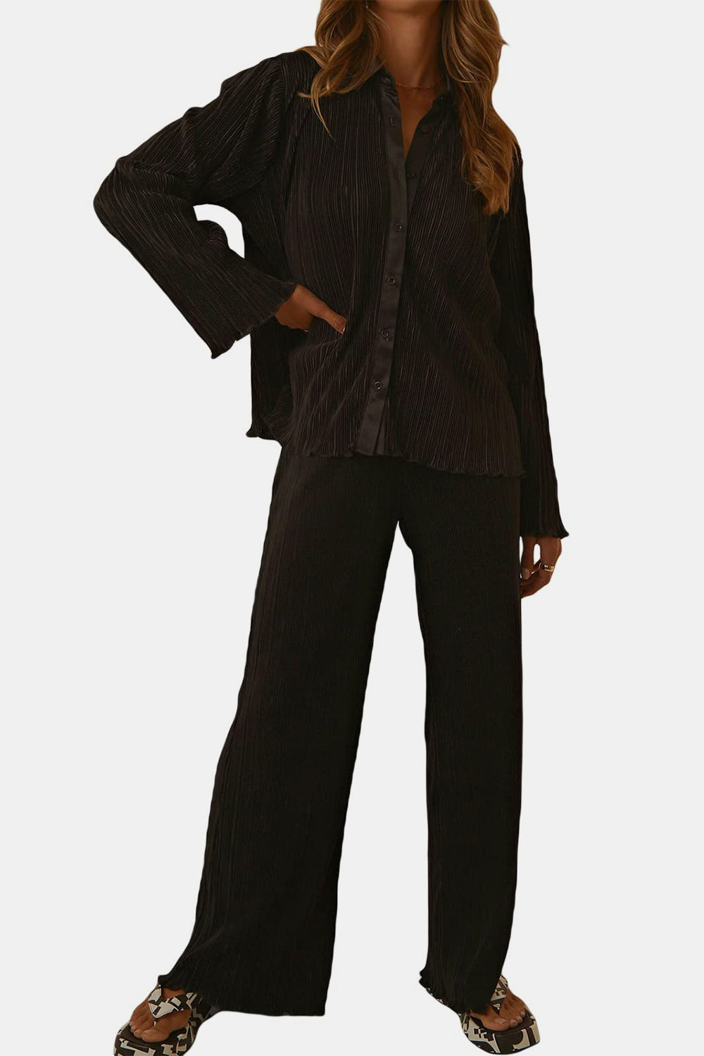 Textured Button Up Collared Neck Top and Pants Set - ClassiQ