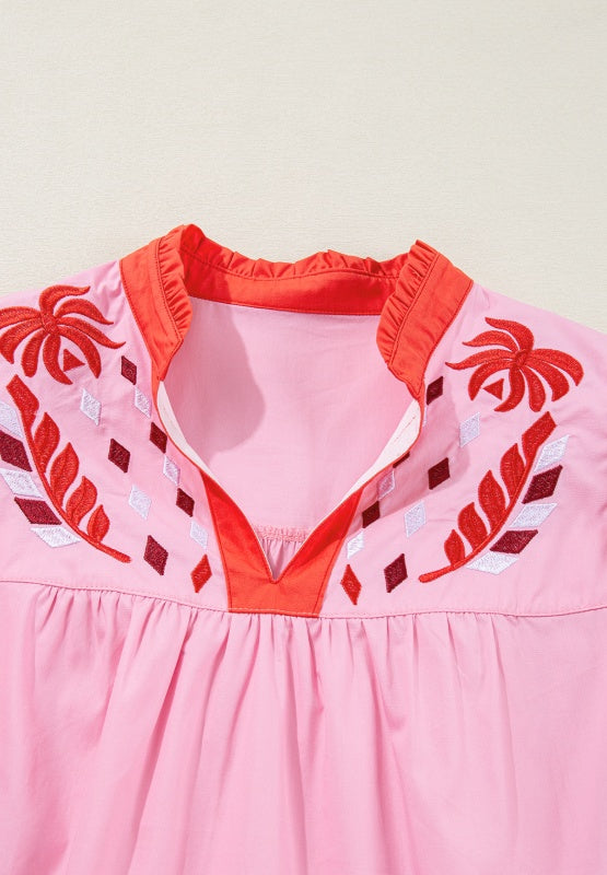Embroidered Notched Short Sleeve Babydoll Blouse - Classique Collection