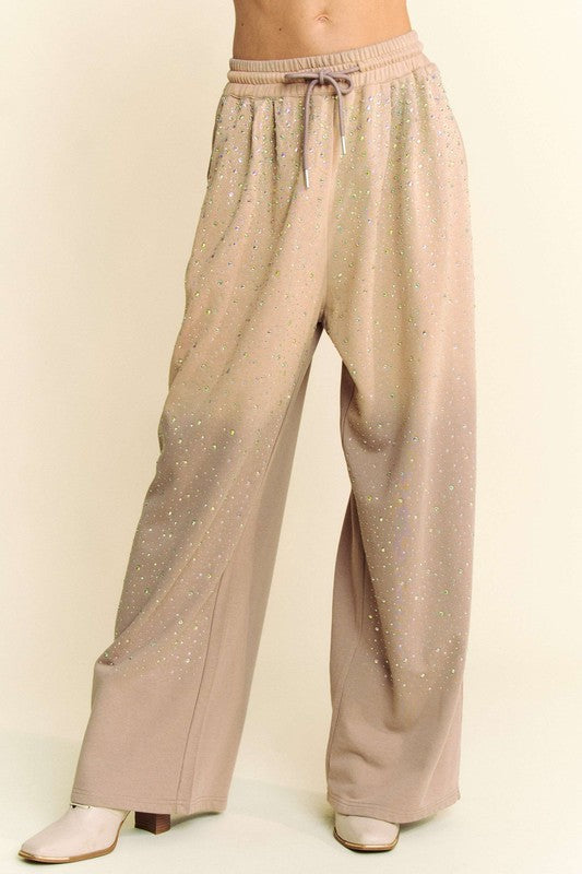 Davi & Dani Rhinestone Drawstring Wide Leg Pants - Classique Collection