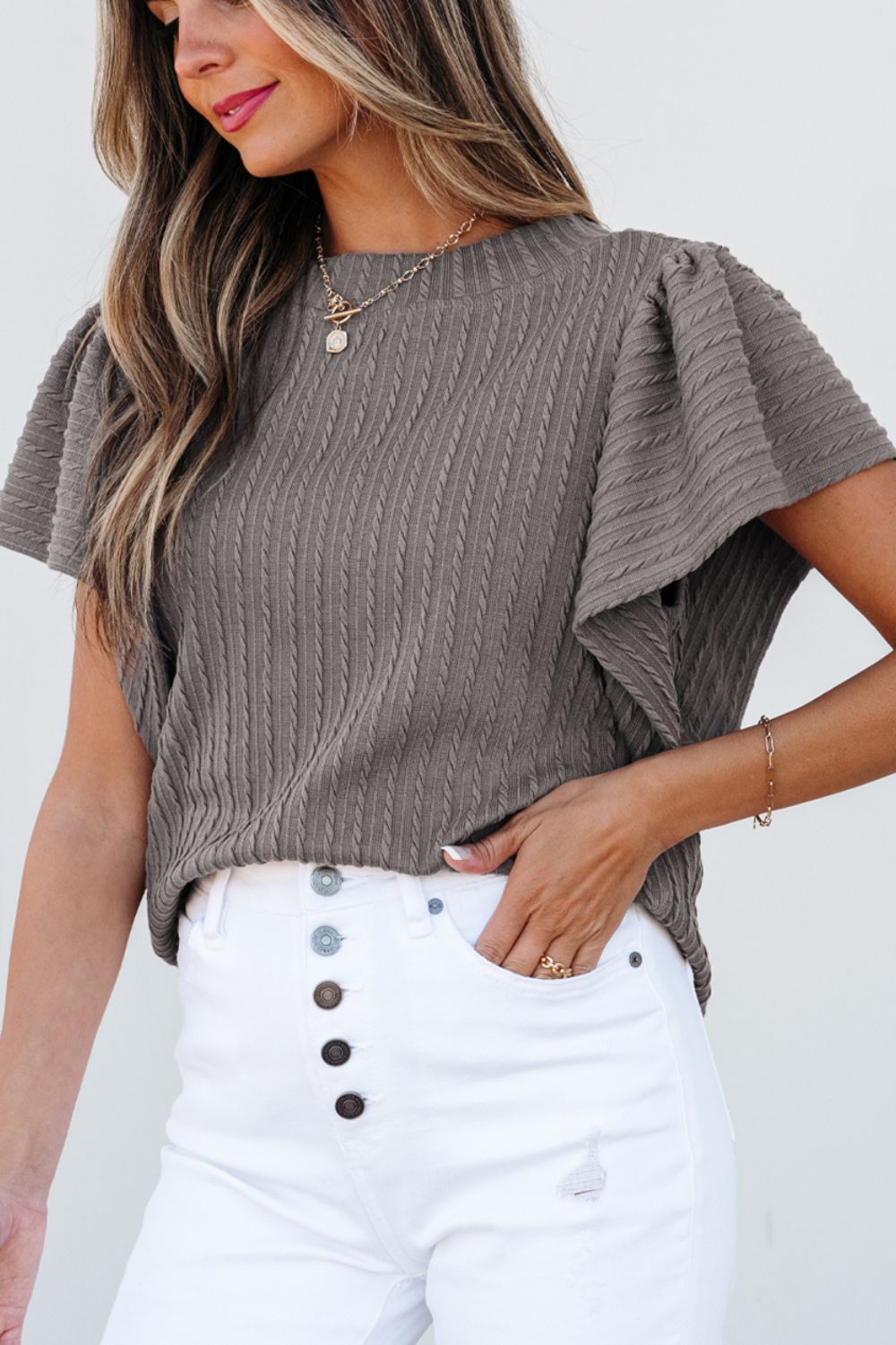 Textured Round Neck Flounce Sleeve Blouse - Classique Collection