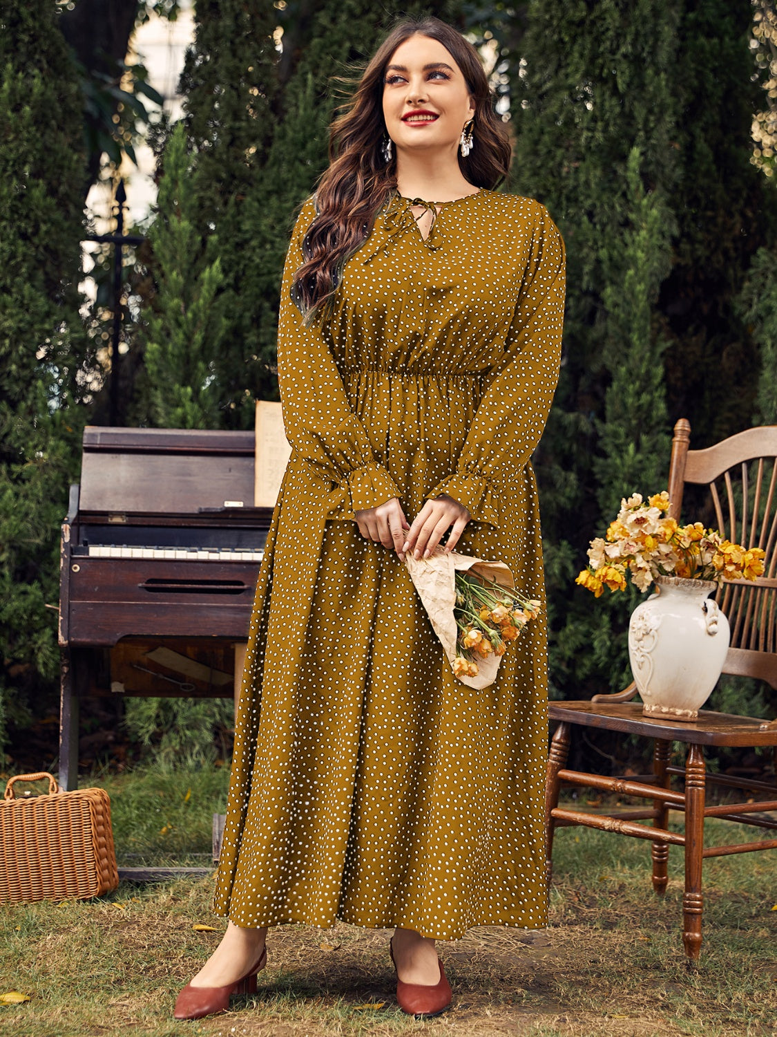 Honey Plus Size Ruffled Polka Dot Long Sleeve Midi Dress - Classique Collection