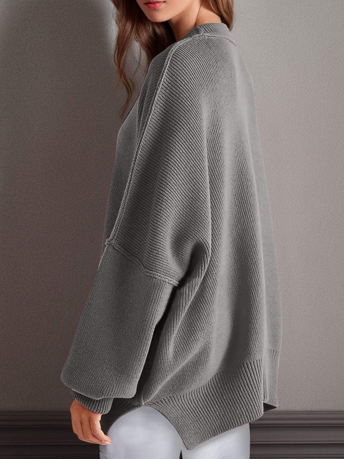 Double Take Side Slit Round Neck Long Sleeve Sweater - ClassiQ