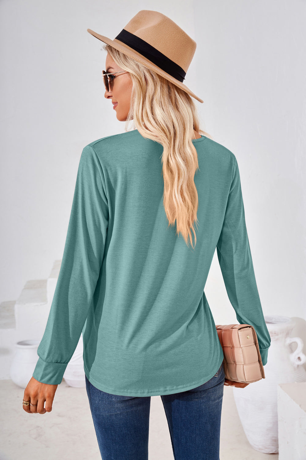 Square Neck Ruched Long Sleeve Blouse - Classique Collection