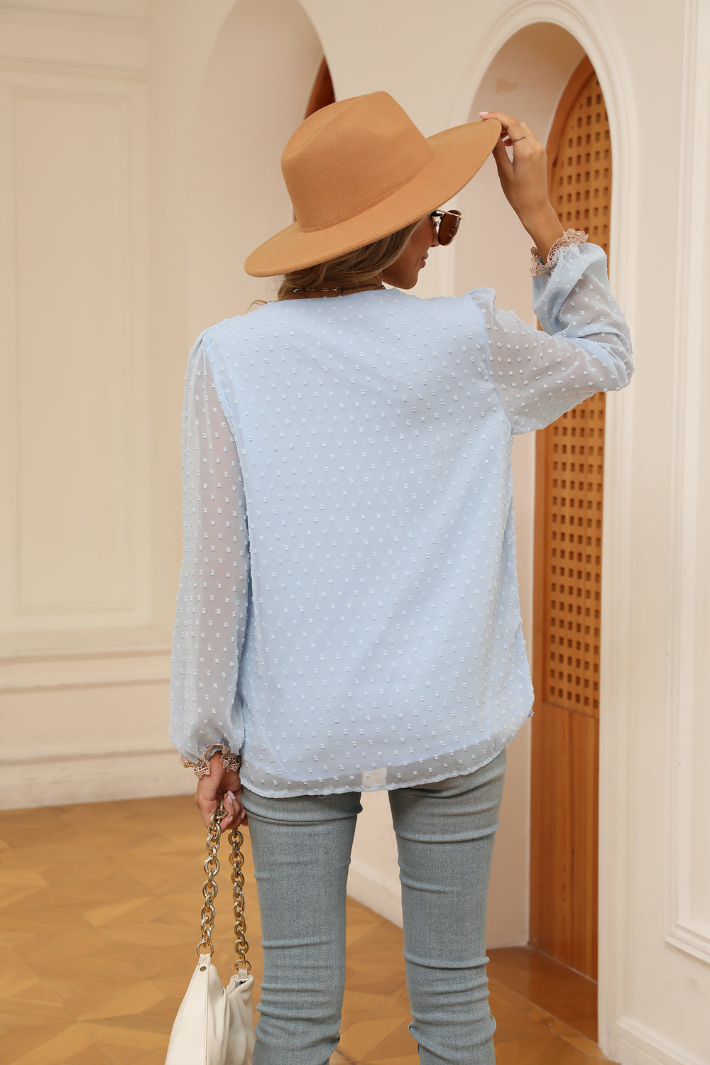 Swiss Dot Contrast V-Neck Blouse - ClassiQ