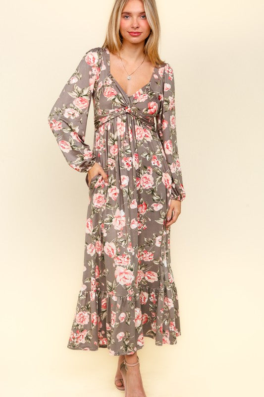 Haptics Twisted Detail Ruffled Hem Floral Dress with Side Pockets - Classique Collection
