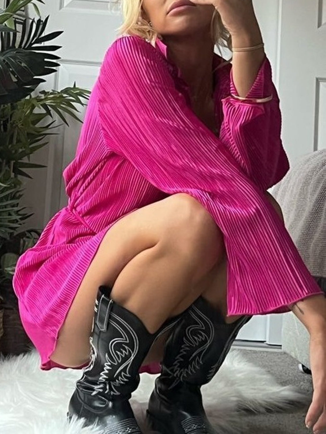 Tied Button Up Long Sleeve Dress - Classique Collection