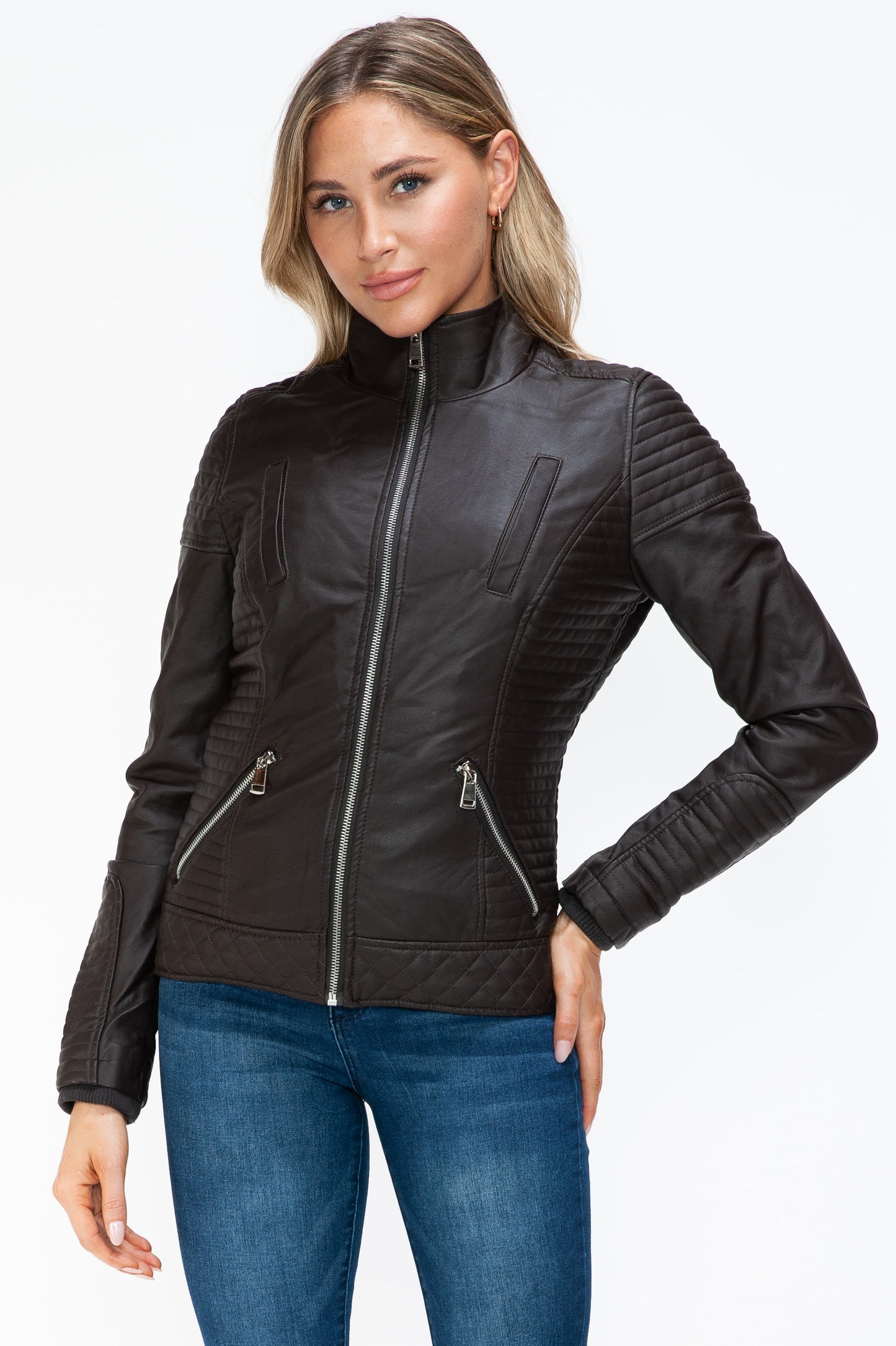 YMI Faux Layered Double-Zipper Jacket with Fuzzy Hood - ClassiQ