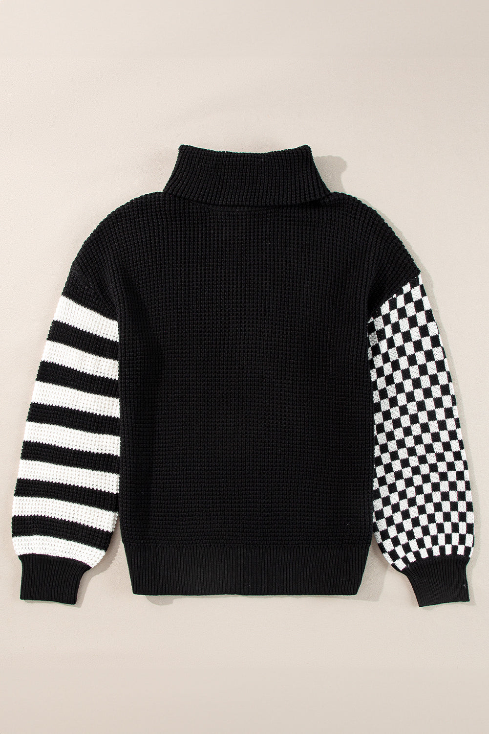 Striped & Checkered Turtleneck Dropped Shoulder Sweater - ClassiQ