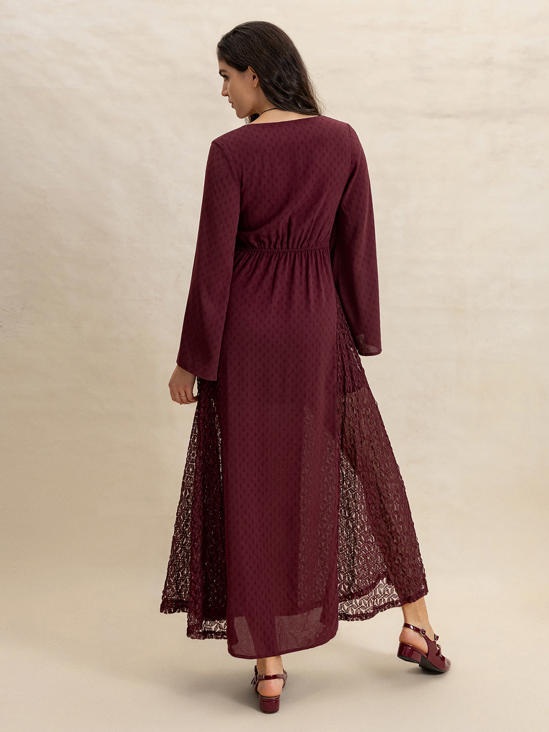 Lace Patchwork V-Neck Long Sleeve Midi Dress - Classique Collection