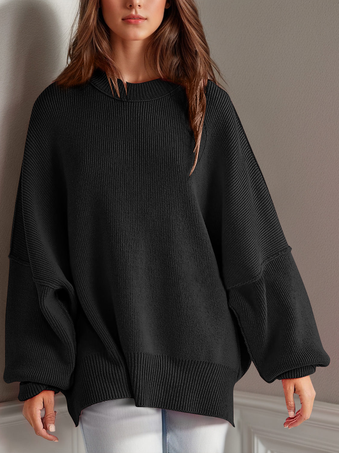 Double Take Side Slit Round Neck Long Sleeve Sweater - ClassiQ
