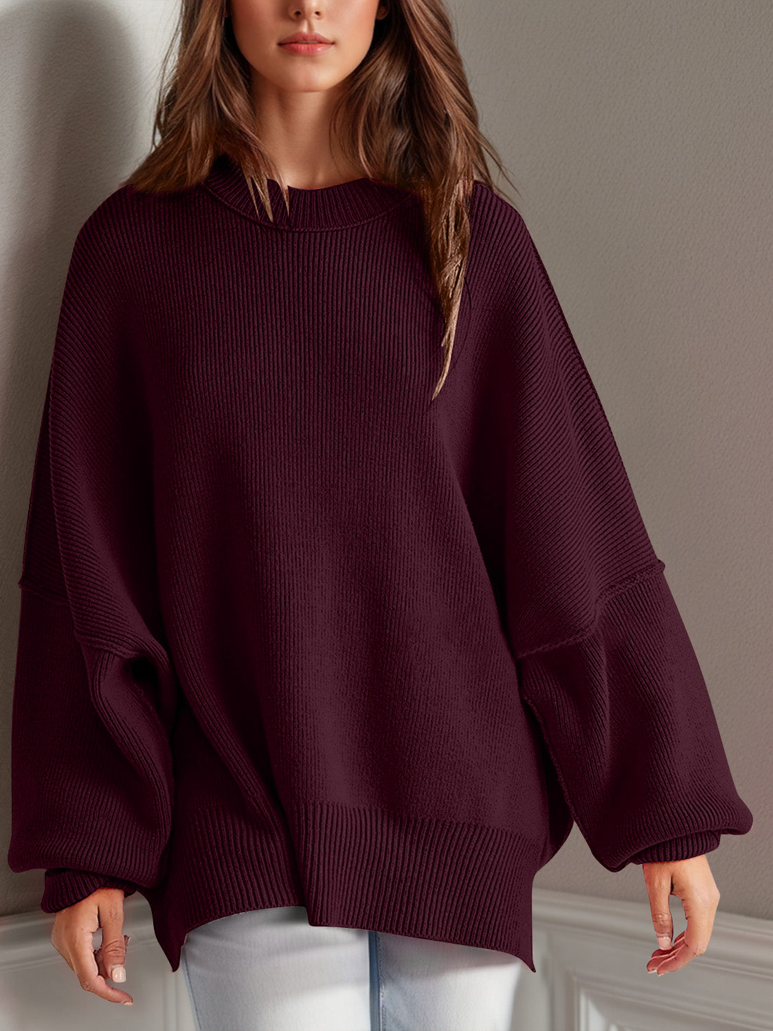 Double Take Side Slit Round Neck Long Sleeve Sweater - ClassiQ