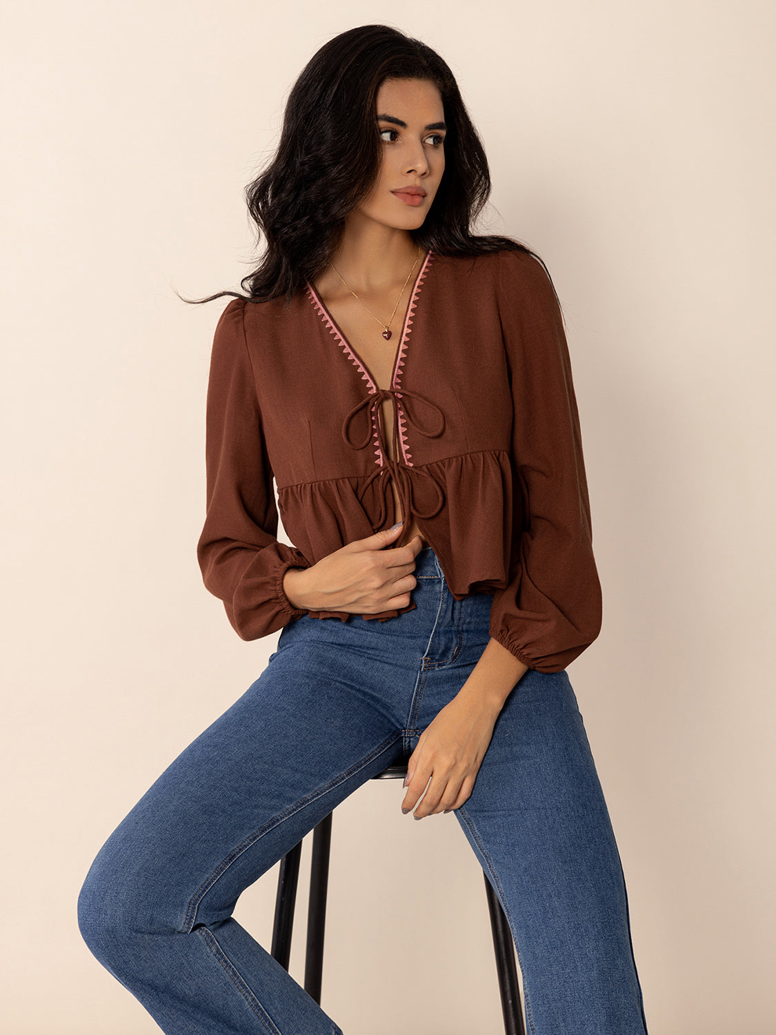 Peplum Tied V-Neck Long Sleeve Blouse - Classique Collection