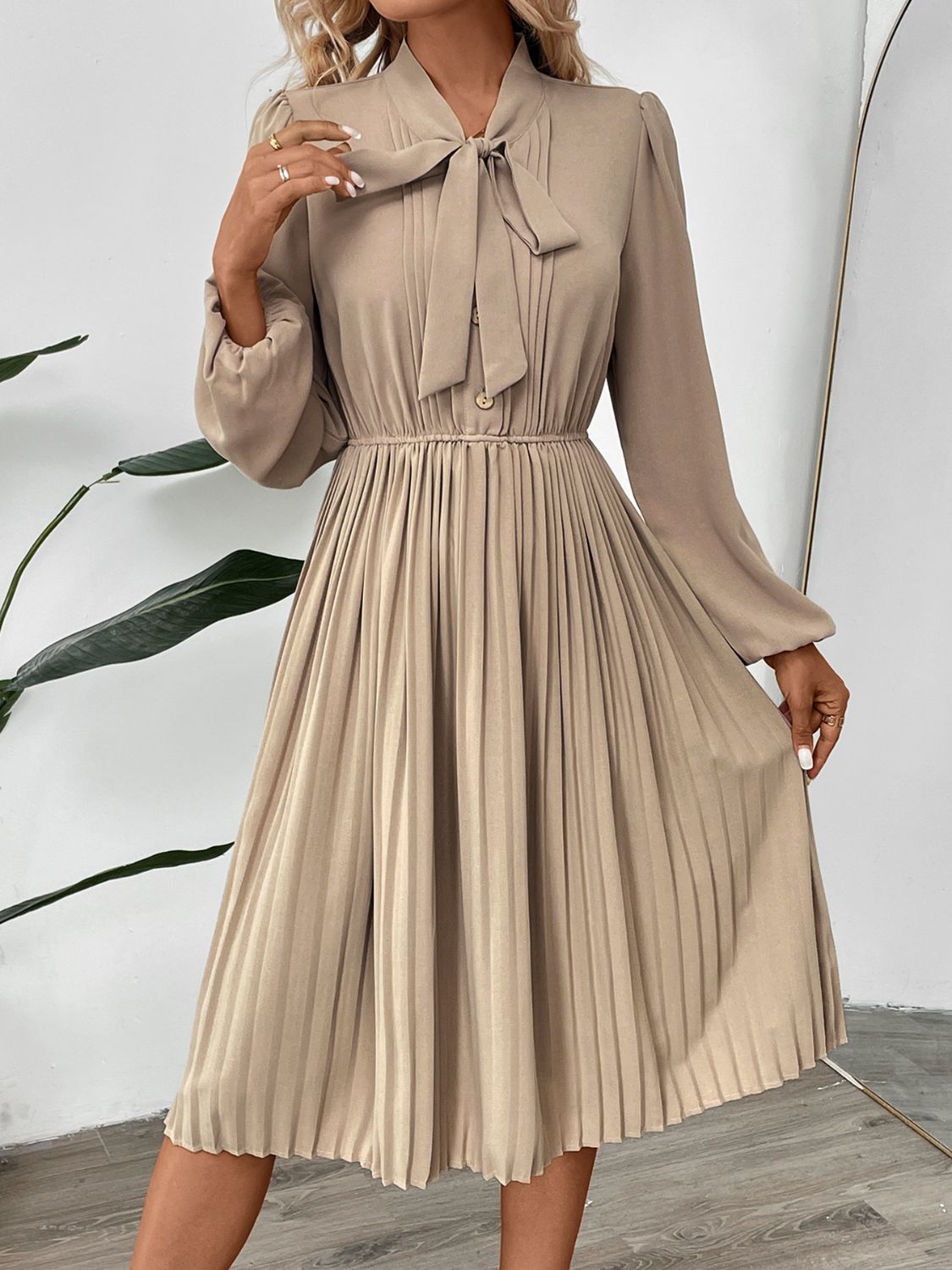 Perfee Pleated Tie Neck Long Sleeve Dress - Classique Collection