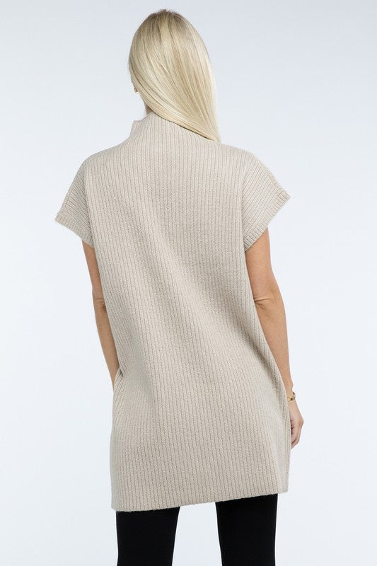 Mock Neck Short Sleeve Sweater Dress with Pocket - Classique Collection