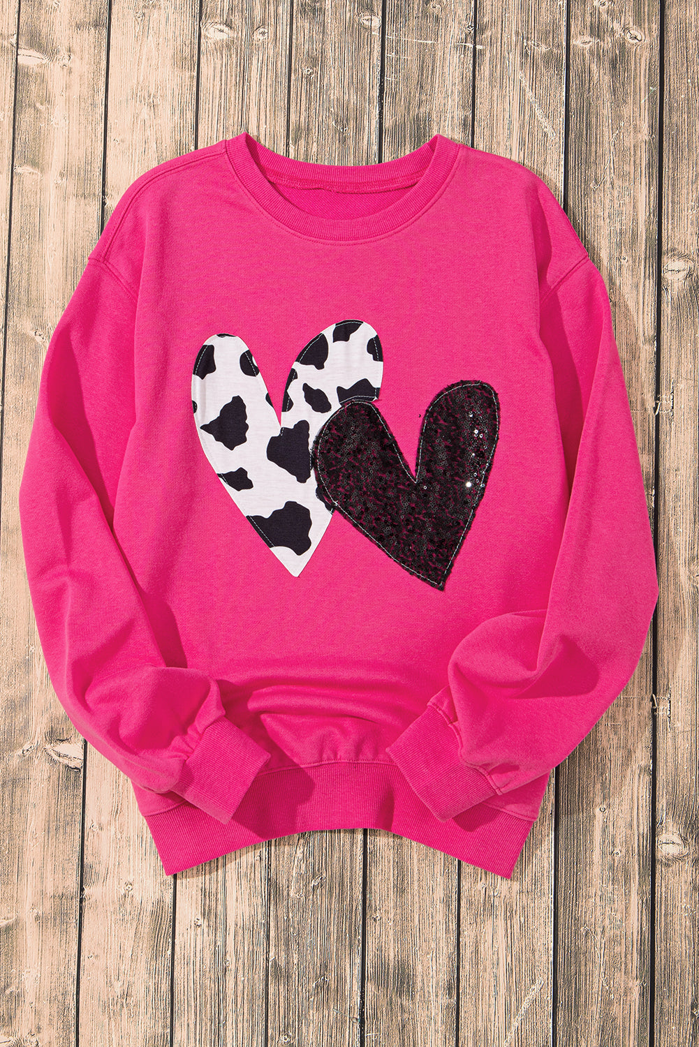 Strawberry Pink Sequins Heart Patch Graphic Sweatshirt - ClassiQ