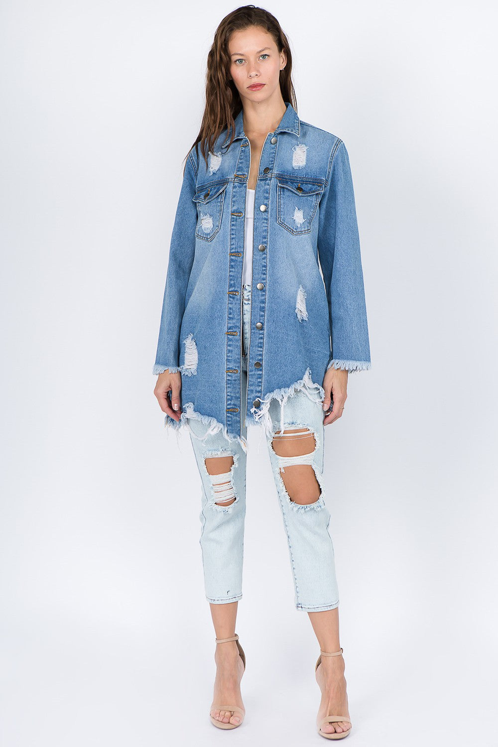 American Bazi Distressed Frayed Hem Denim Jacket - ClassiQ