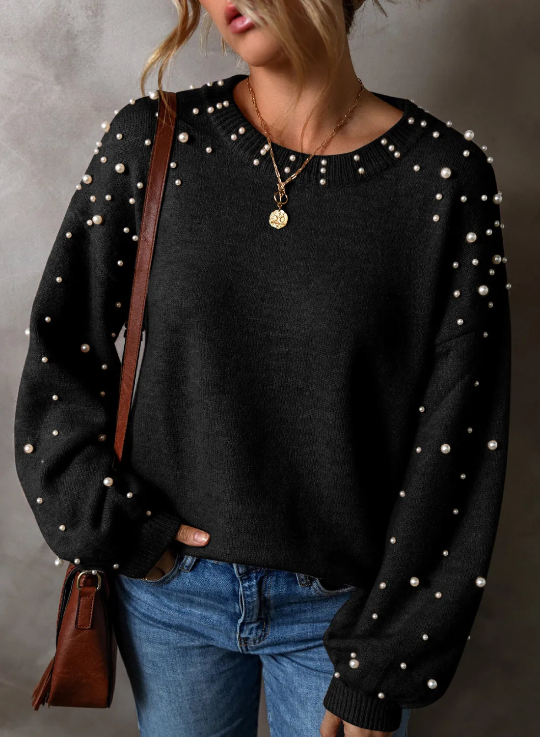 Pearl Detail Round Neck Long Sleeve Sweater - ClassiQ