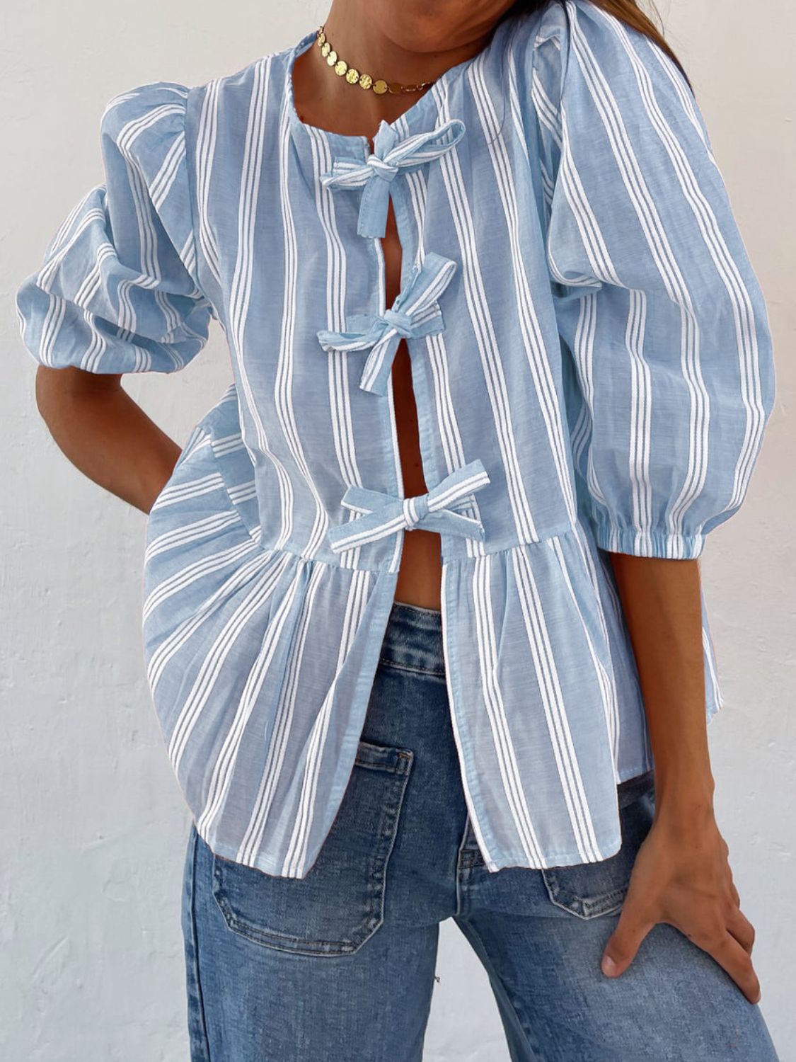 Tied Round Neck Balloon Sleeve Shirt - Classique Collection