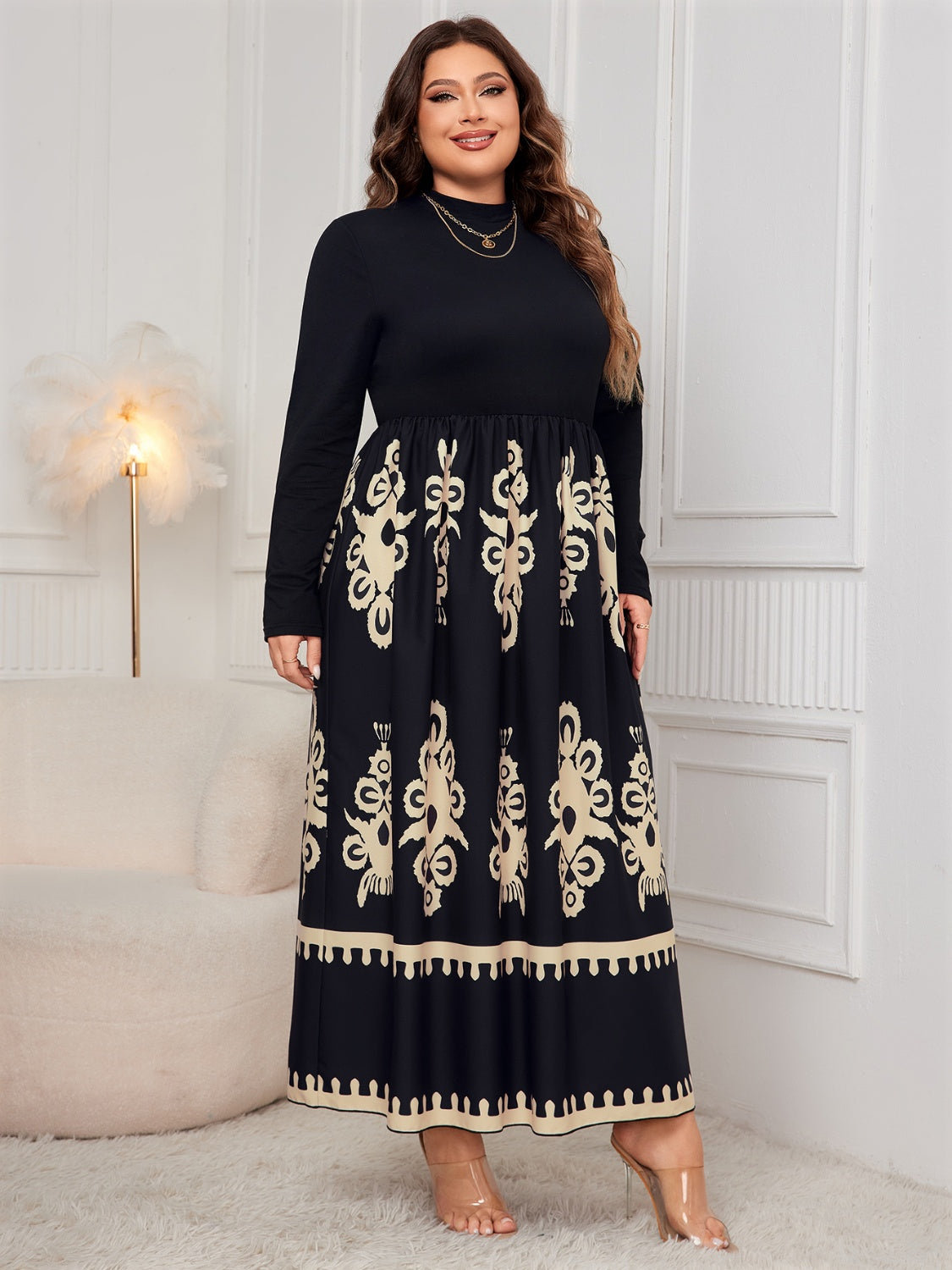 Honey Plus Size Printed Mock Neck Long Sleeve Dress - Classique Collection