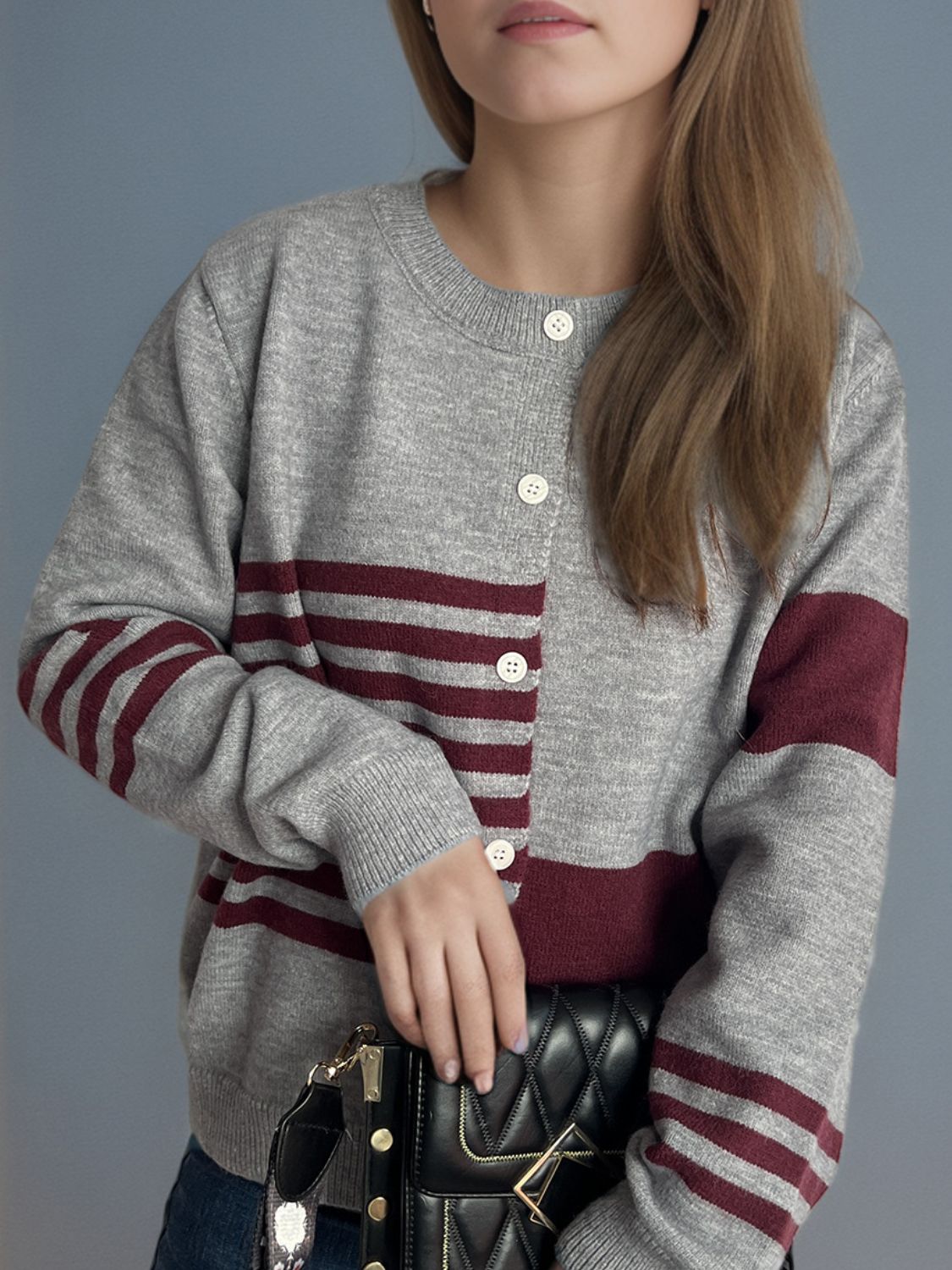Striped Color Block Round Neck Cardigan - Classique Collection