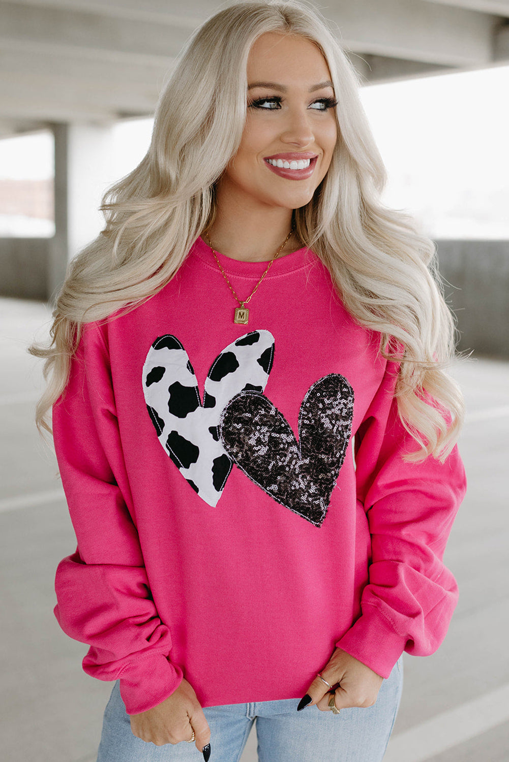 Strawberry Pink Sequins Heart Patch Graphic Sweatshirt - ClassiQ