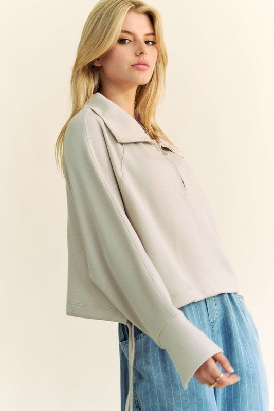Davi & Dani Drawstring Hem Half Zip Raglan Sleeve Sweatshirt - Classique Collection
