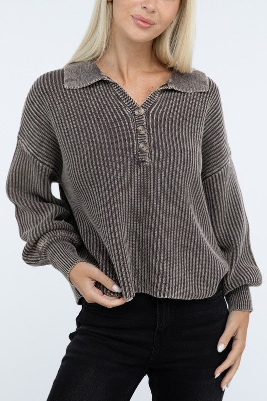 Washed Collared Henley Sweater - Classique Collection