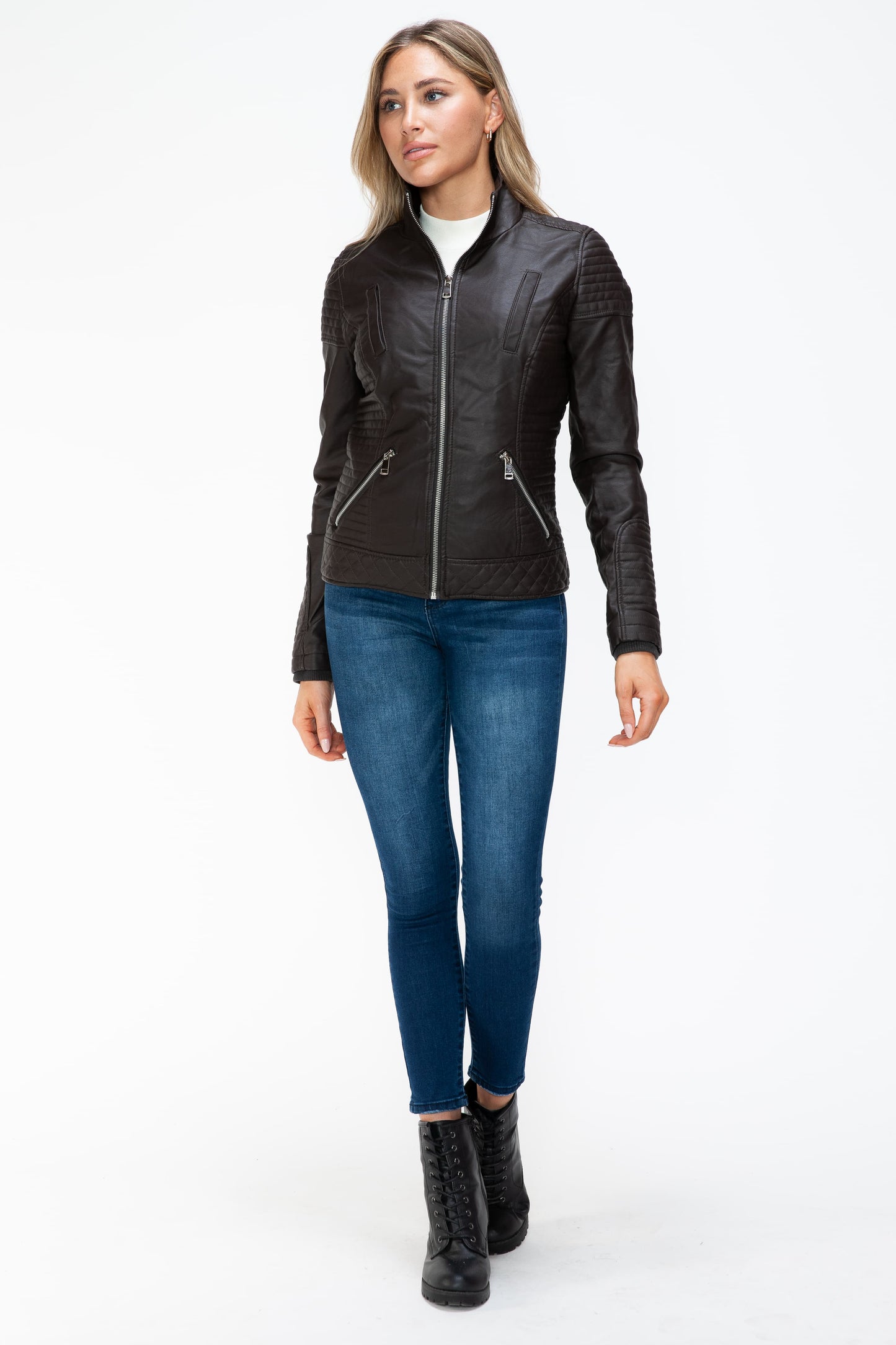 YMI Faux Layered Double-Zipper Jacket with Fuzzy Hood - ClassiQ