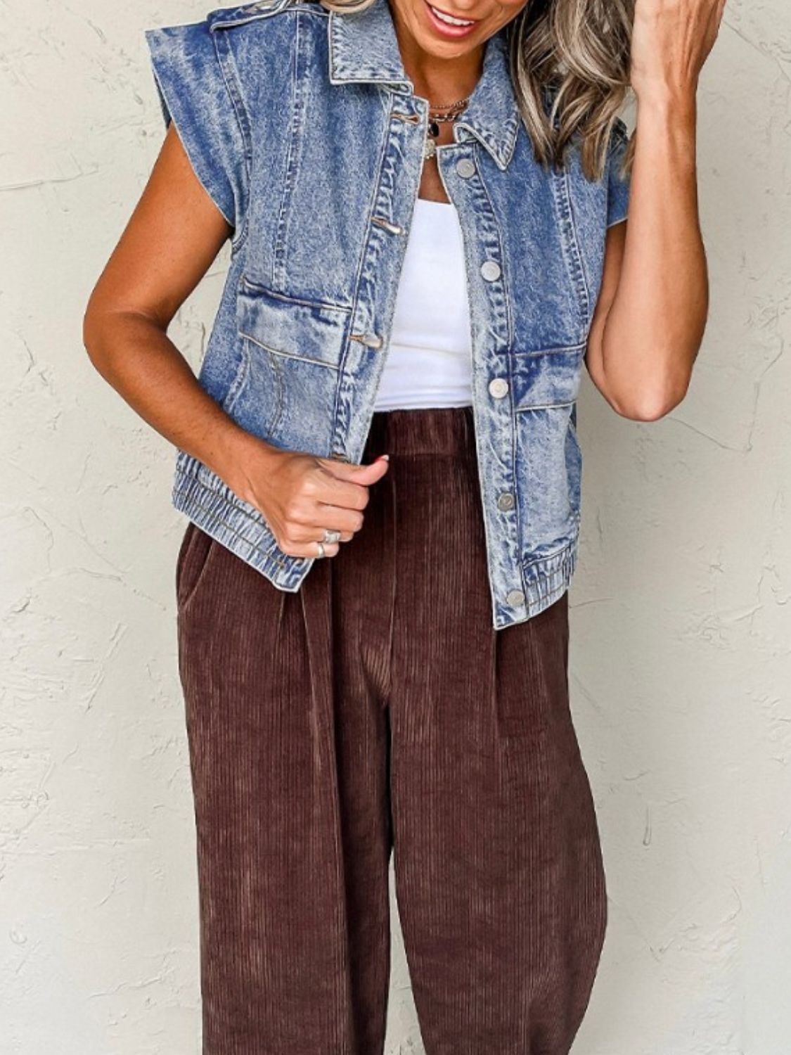 Button Up Cap Sleeve Denim Jacket - ClassiQ