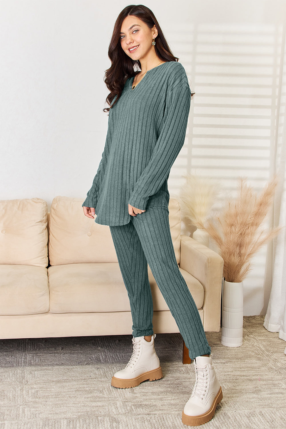 Basic Bae Full Size Notched Long Sleeve Top and Pants Set - ClassiQ