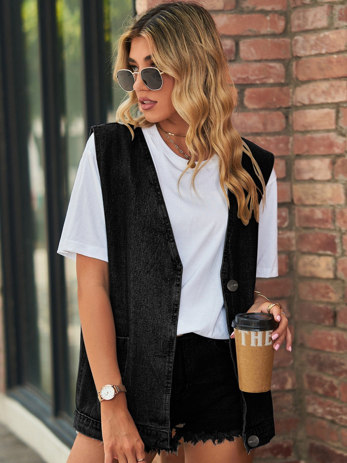 Full Size V-Neck Button Up Denim Vest - Classique Collection