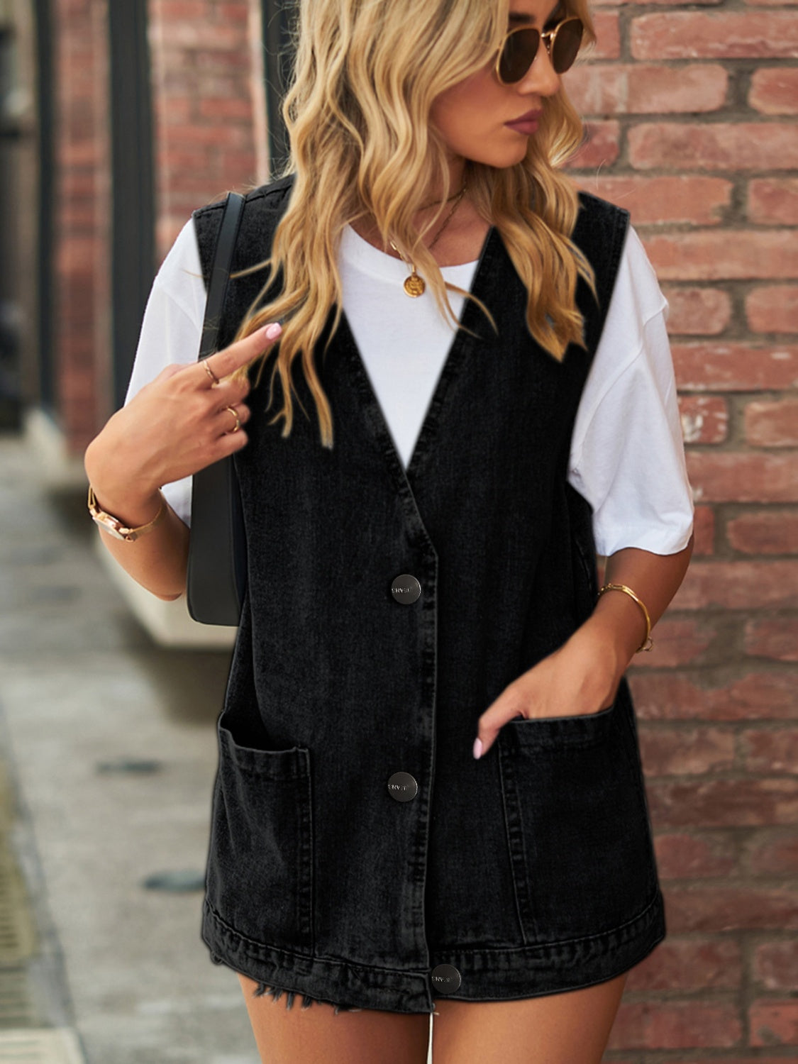 Full Size V-Neck Button Up Denim Vest - Classique Collection