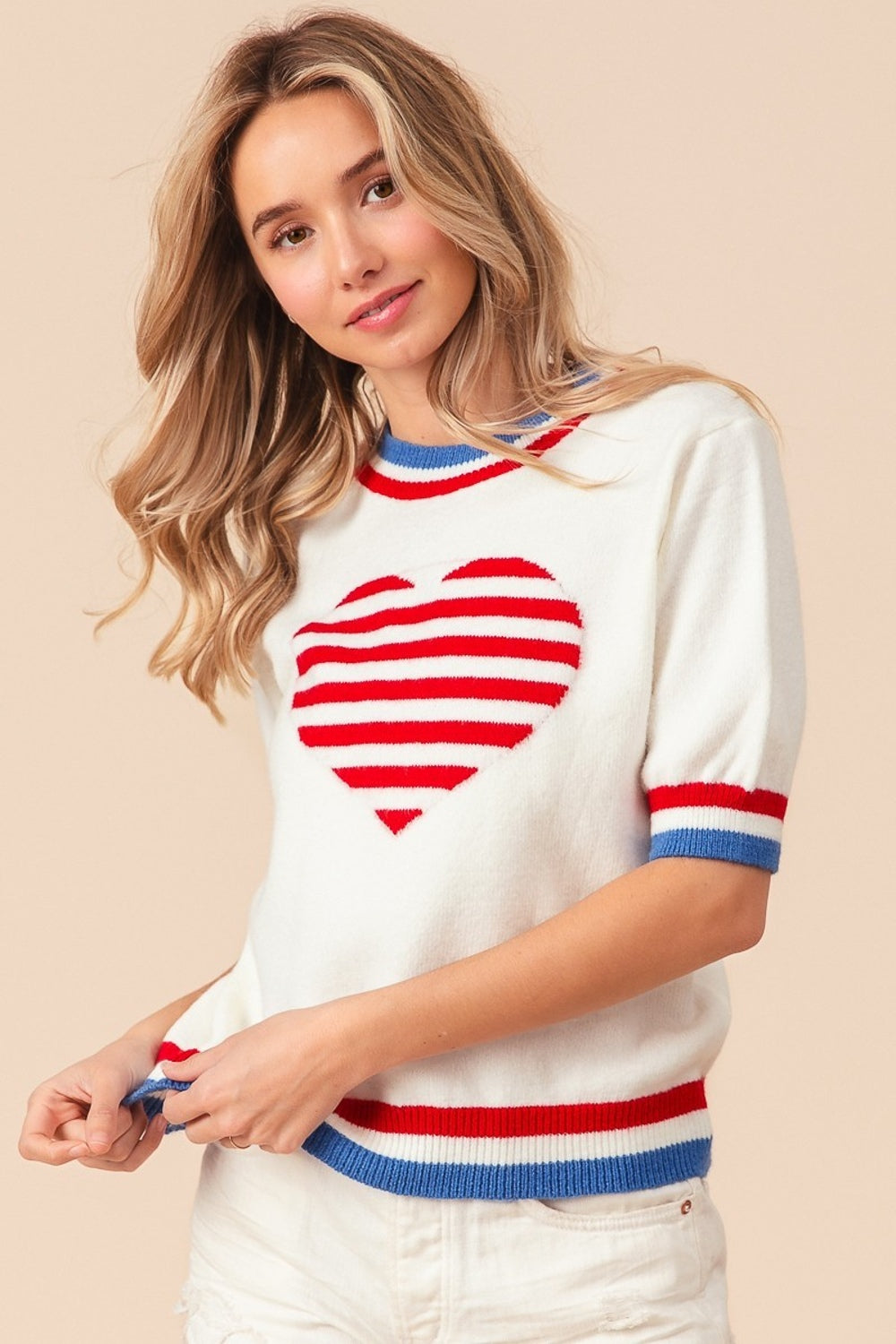 BiBi US Flag Theme Striped Heart Sweater - ClassiQ