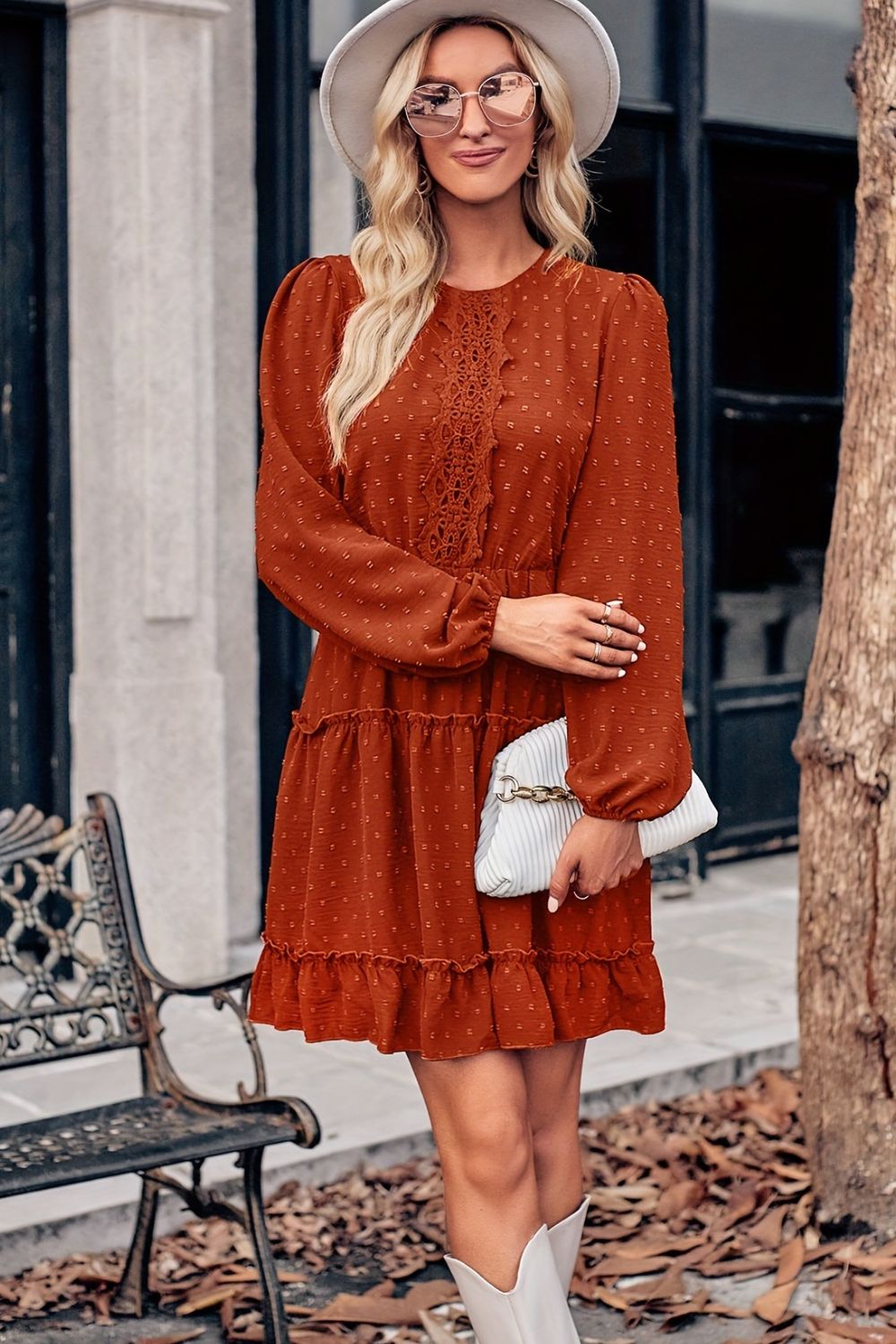 Lace Detail Swiss Dot Round Neck Mini Dress - ClassiQ