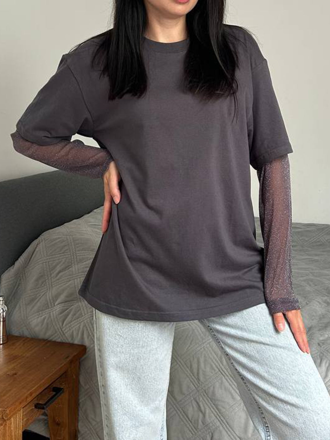 Faux Layered Round Neck Mesh Sleeve Top - Classique Collection