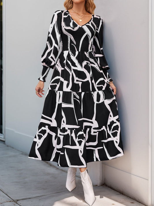 Perfee Smocked Printed Long Sleeve Midi Dress - Classique Collection