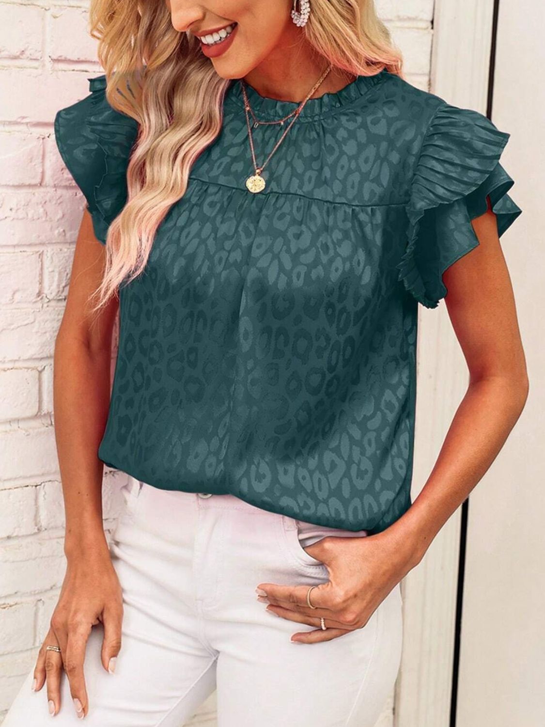 Leopard Frill Mock Neck Ruffled Cap Sleeve Top - Classique Collection