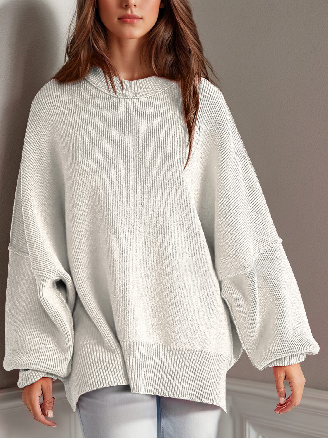 Double Take Side Slit Round Neck Long Sleeve Sweater - ClassiQ