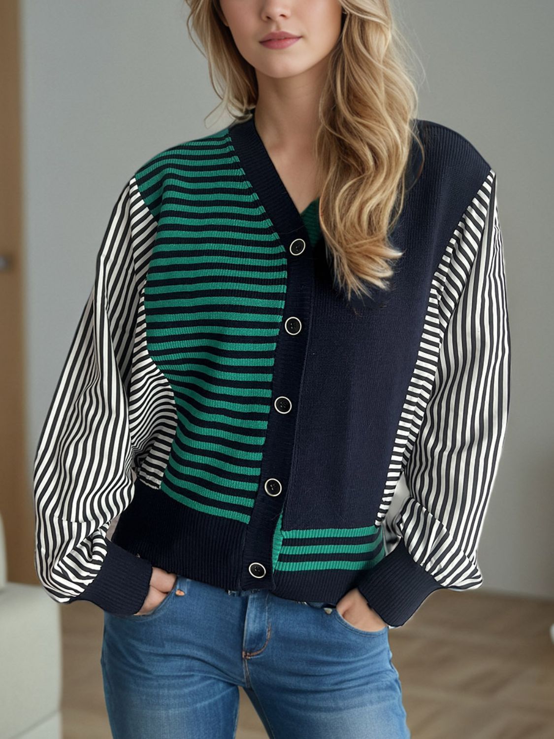 Striped Button Down Long Sleeve Cardigan - ClassiQ