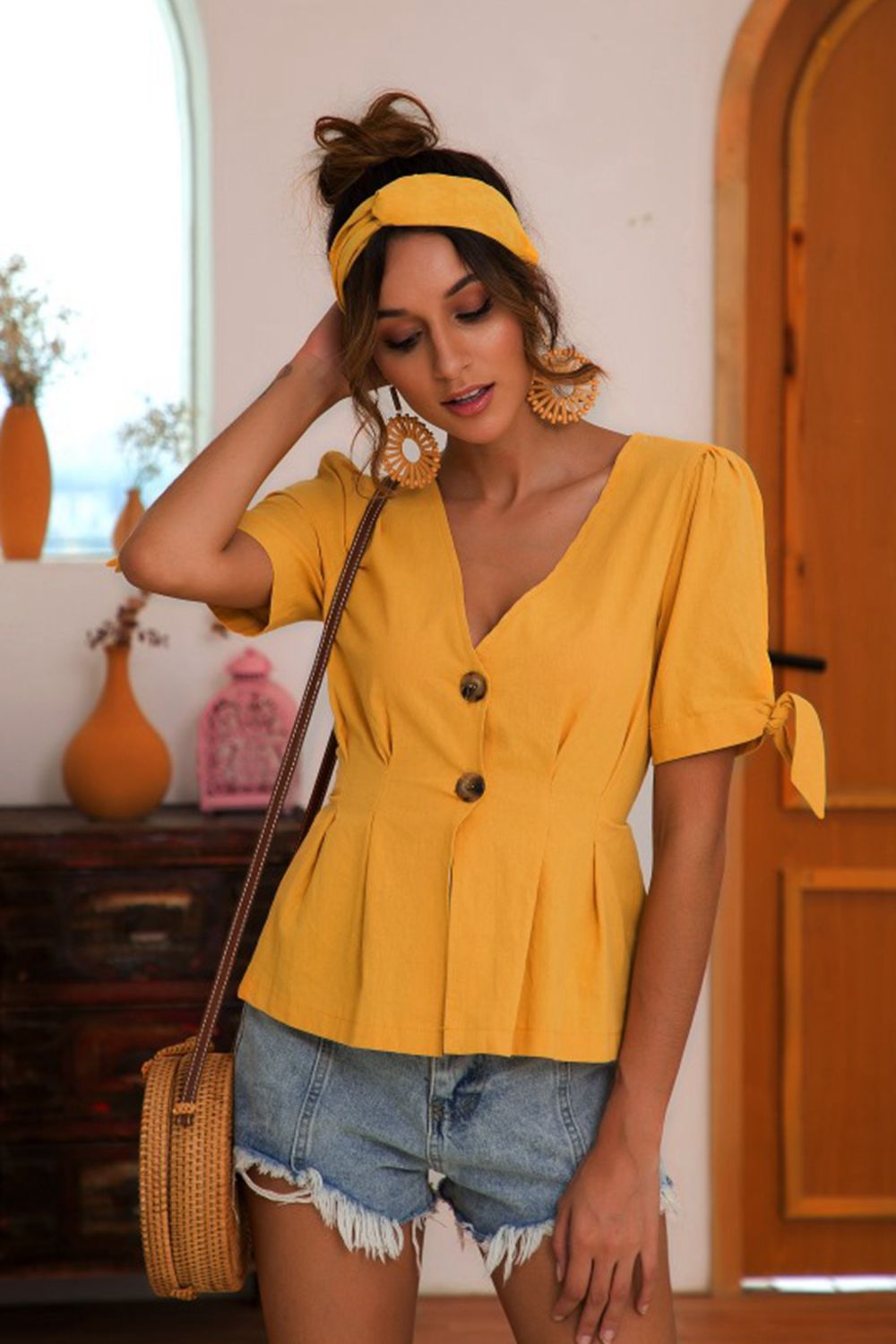 Buttoned V-Neck Short Sleeve Blouse - Classique Collection