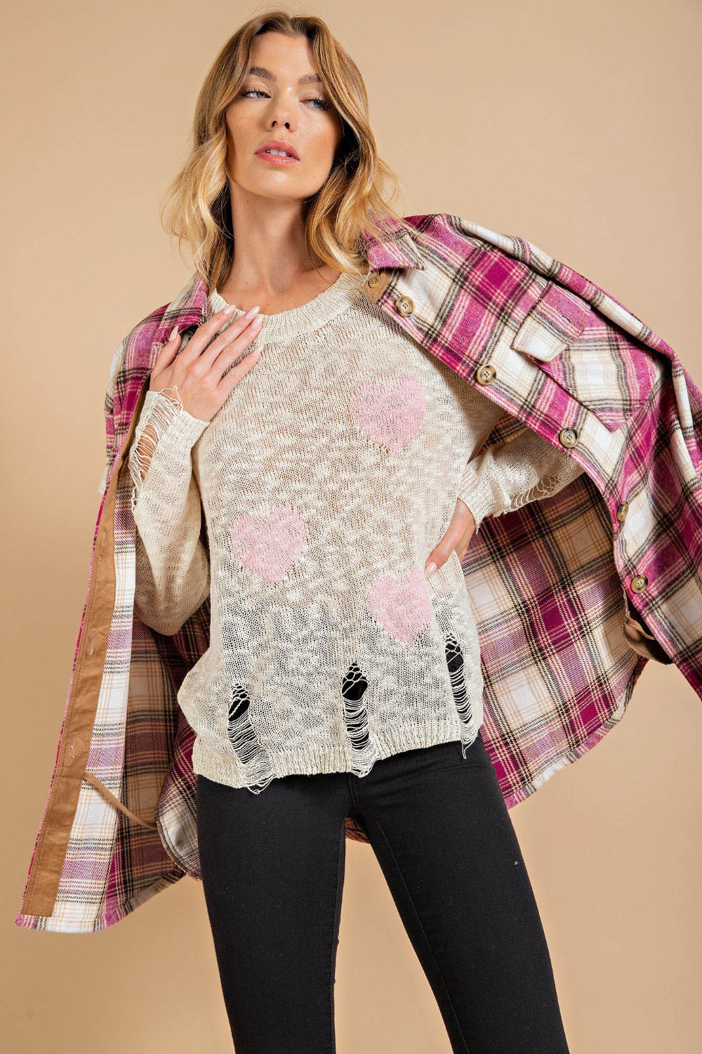 Kori America Heart Pattern Distressed Sweater - ClassiQ