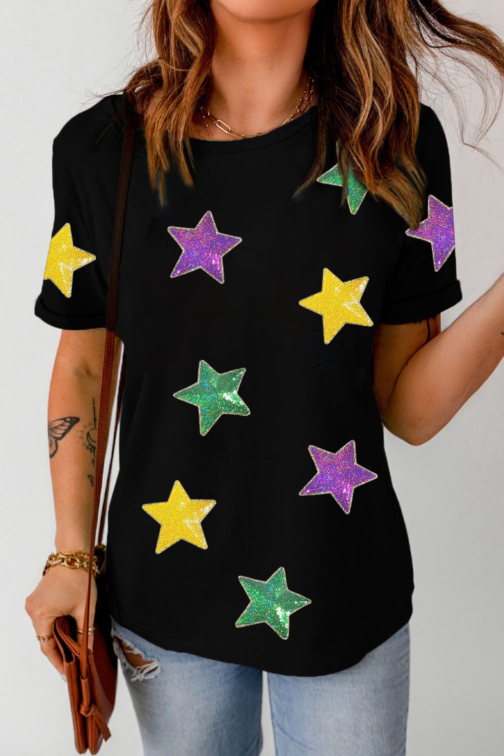 Sequin Stars Patched Round Neck T-Shirt - Classique Collection