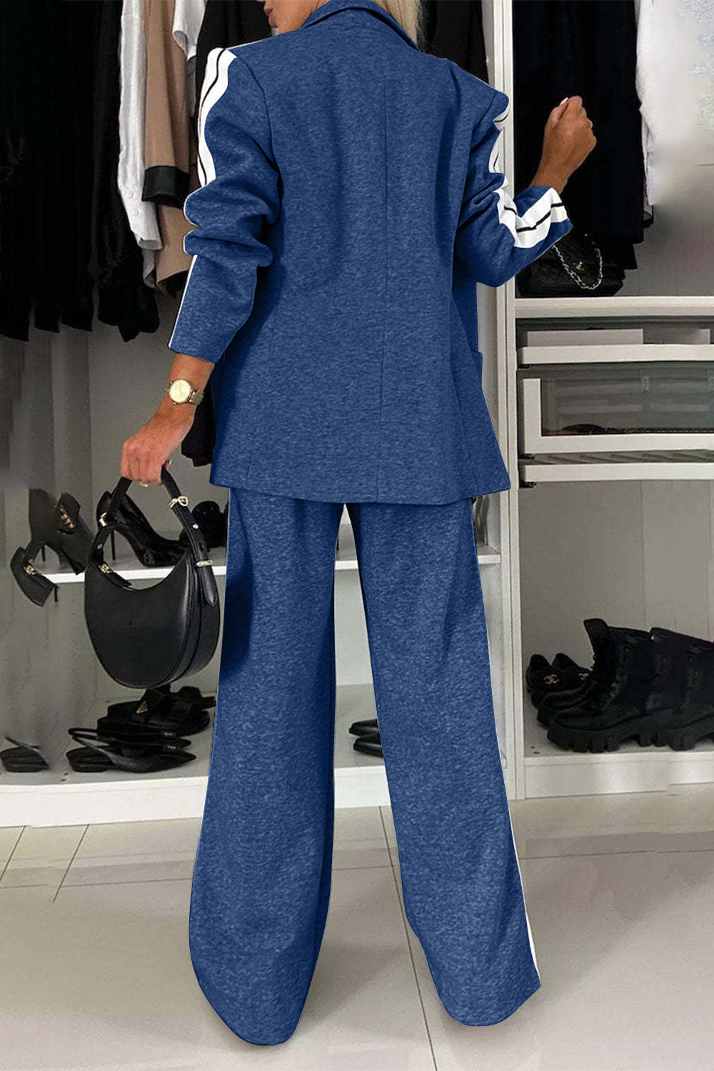 Full Size Contrast Lapel Collar Top and Pants Set - ClassiQ