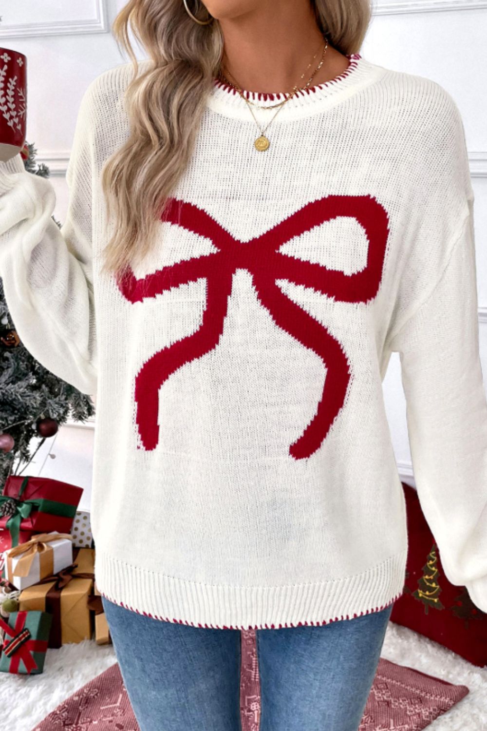 Bow Round Neck Drop Shoulder Sweater - Classique Collection
