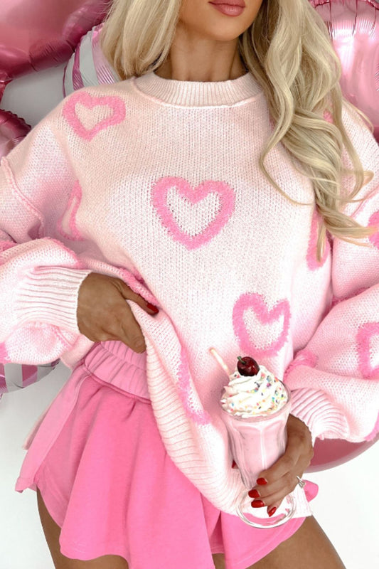 High-Low Heart Round Neck Long Sleeve Sweater - ClassiQ