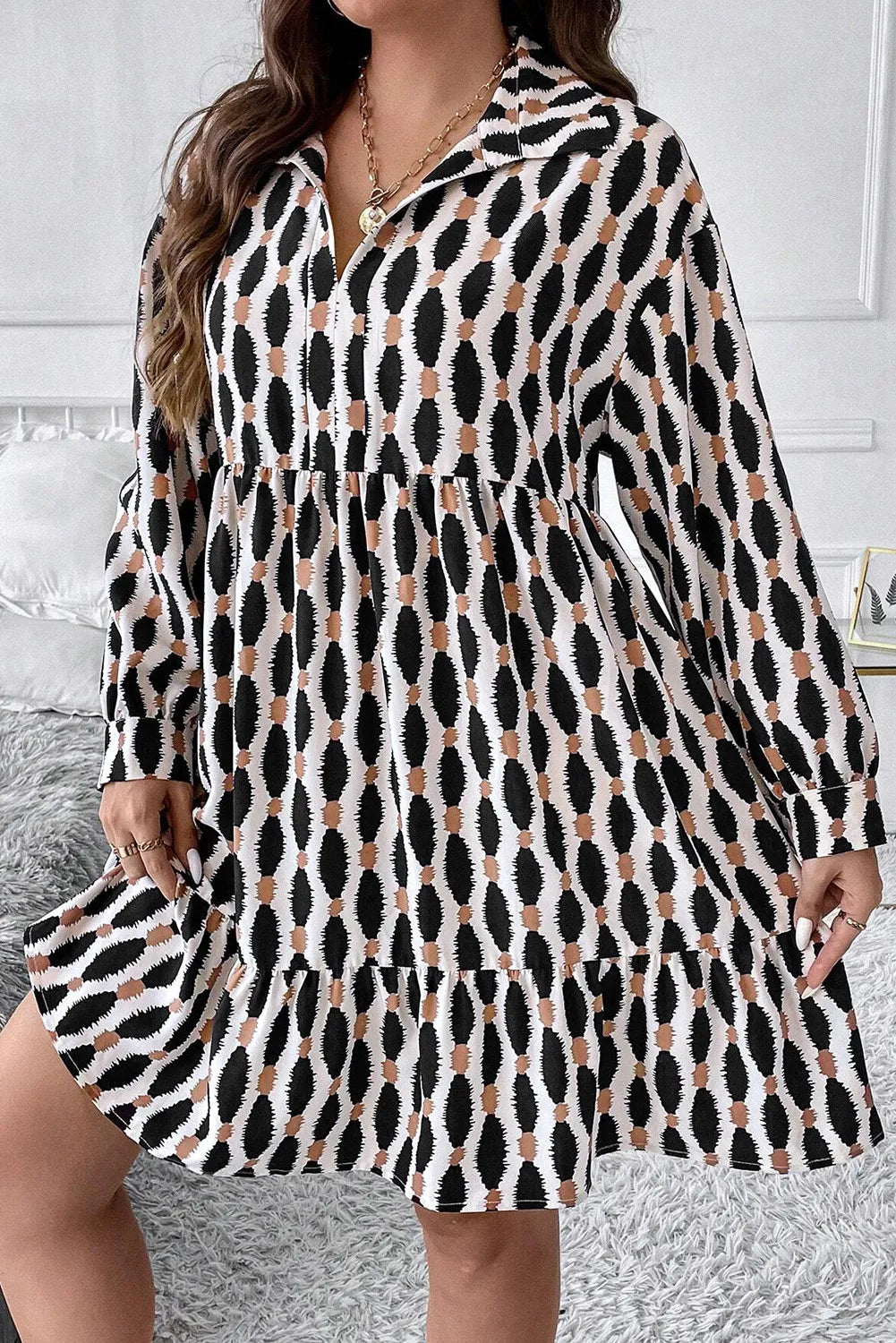 Plus Size Printed Johnny Collar Long Sleeve Dress - Classique Collection