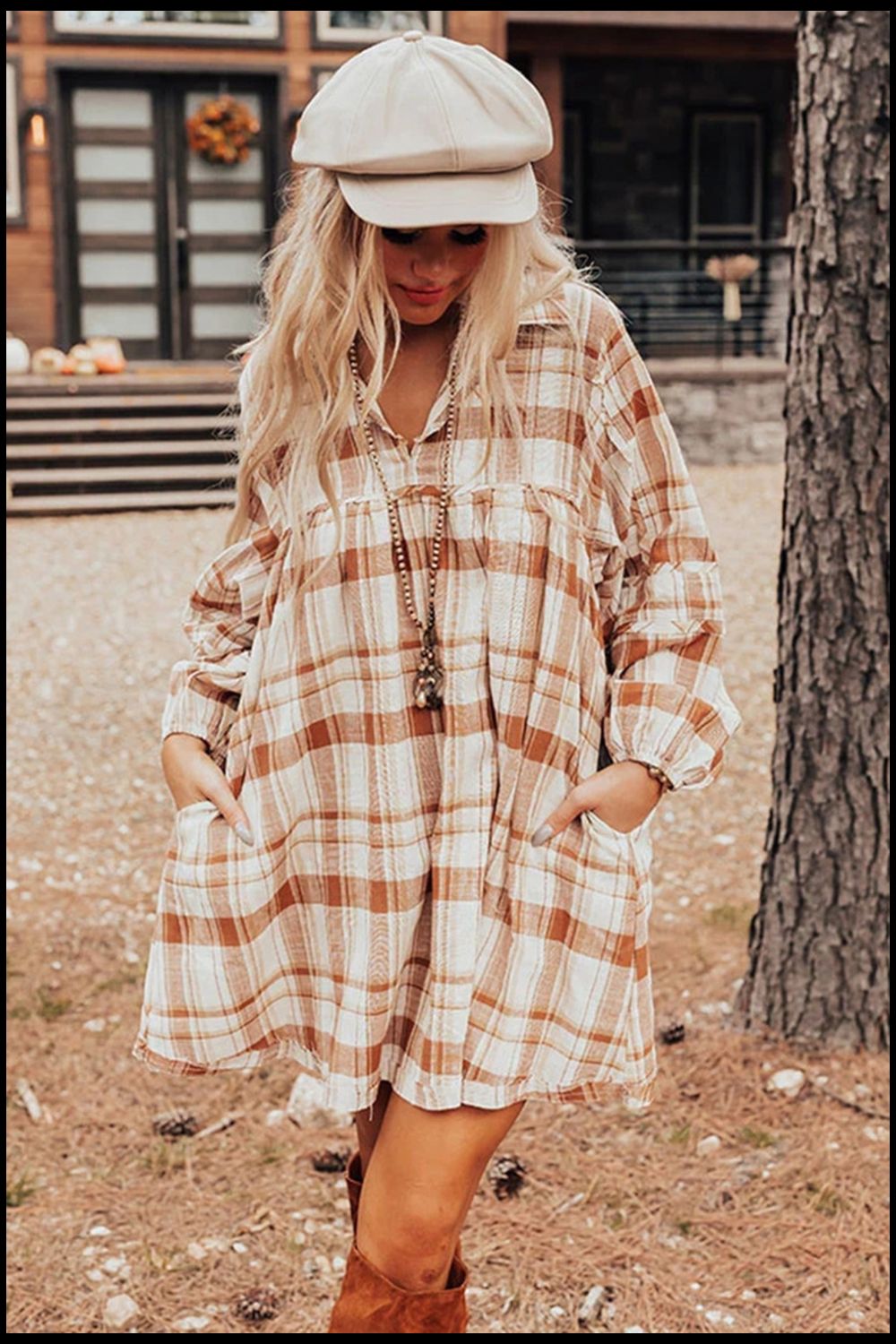 Plaid Collared Neck Long Sleeve Mini Shirt Dress - Classique Collection
