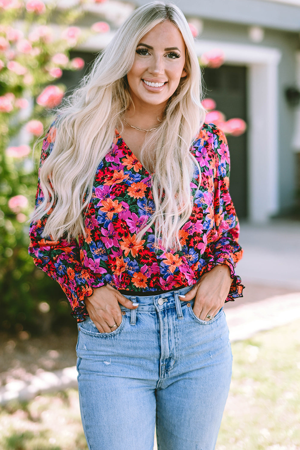 Flower Surplice Long Sleeve Top - Classique Collection