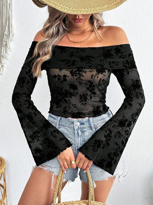 Off-Shoulder Flare Sleeve Lace Top - Classique Collection